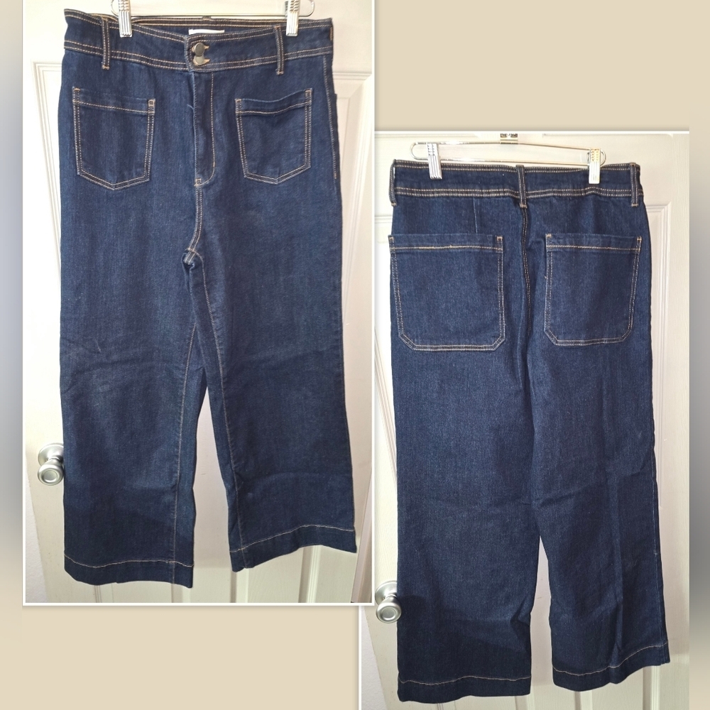 OAT New York Wide Leg Patch Pocket Dark Wash Jeans Stretch Denim Women's 12 / 31